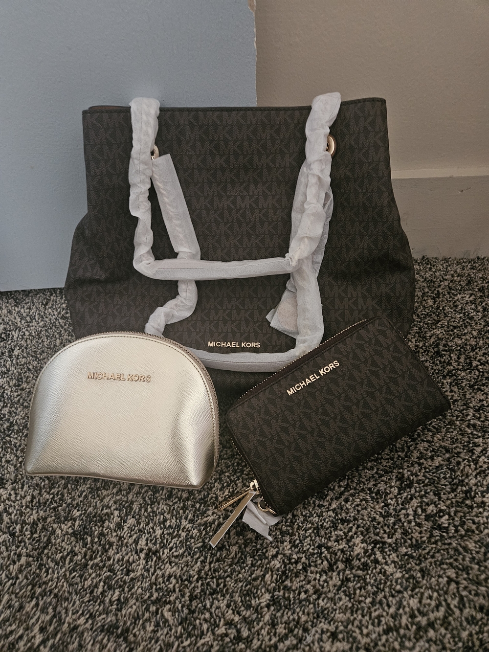 Michael Kors Black Monogram Tote with Gold Cosmetic Pouch and Black Wallet